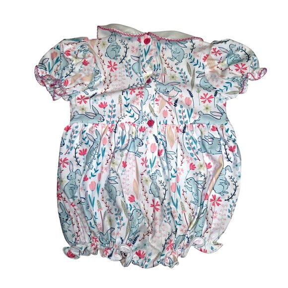 Smocked Flamingo Baby Romper 12M With Peter Pan Collar & Pastel Bunny Print 3851 - Picture 2 of 7